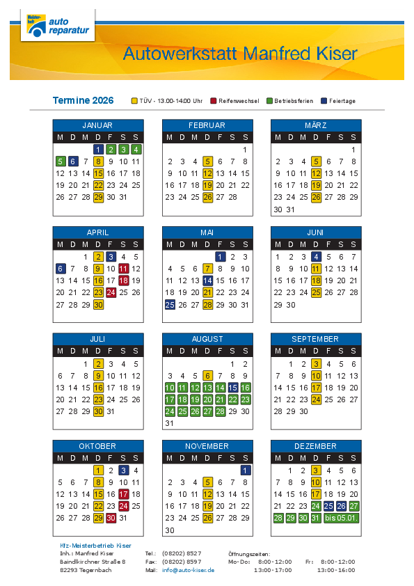 Termine bei Azto Kiser für 2026 Termine bei Azto Kiser für 2026